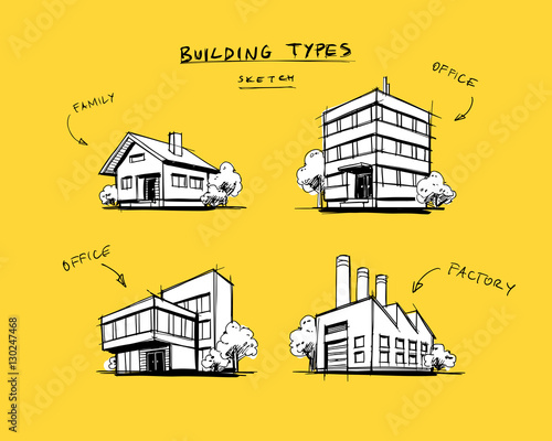 Set of Four Buildings Types Hand Drawn Cartoon Illustration