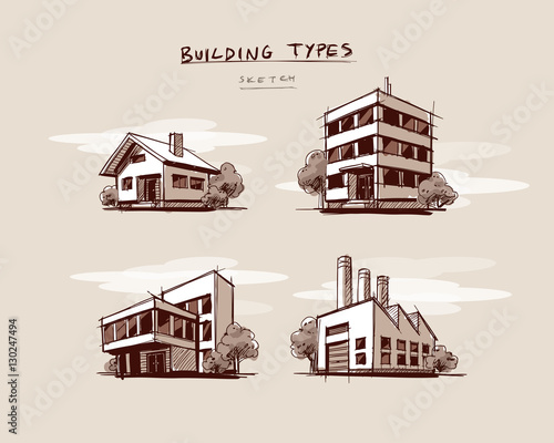 Set of Four Buildings Types Hand Drawn Cartoon Illustration