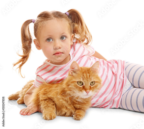Cute little girl with red cat on white background