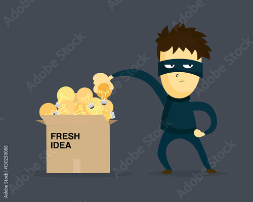 Thief stealing idea from businessman box. Cartooned thief in black mask and costume.