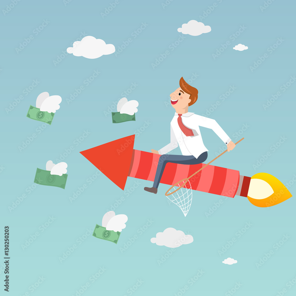 Businessman sitting on a red rocket and catches money. Money that was flying like a bird. Businessman sitting on a red rocket and catches money. Money that was flying like a bird.