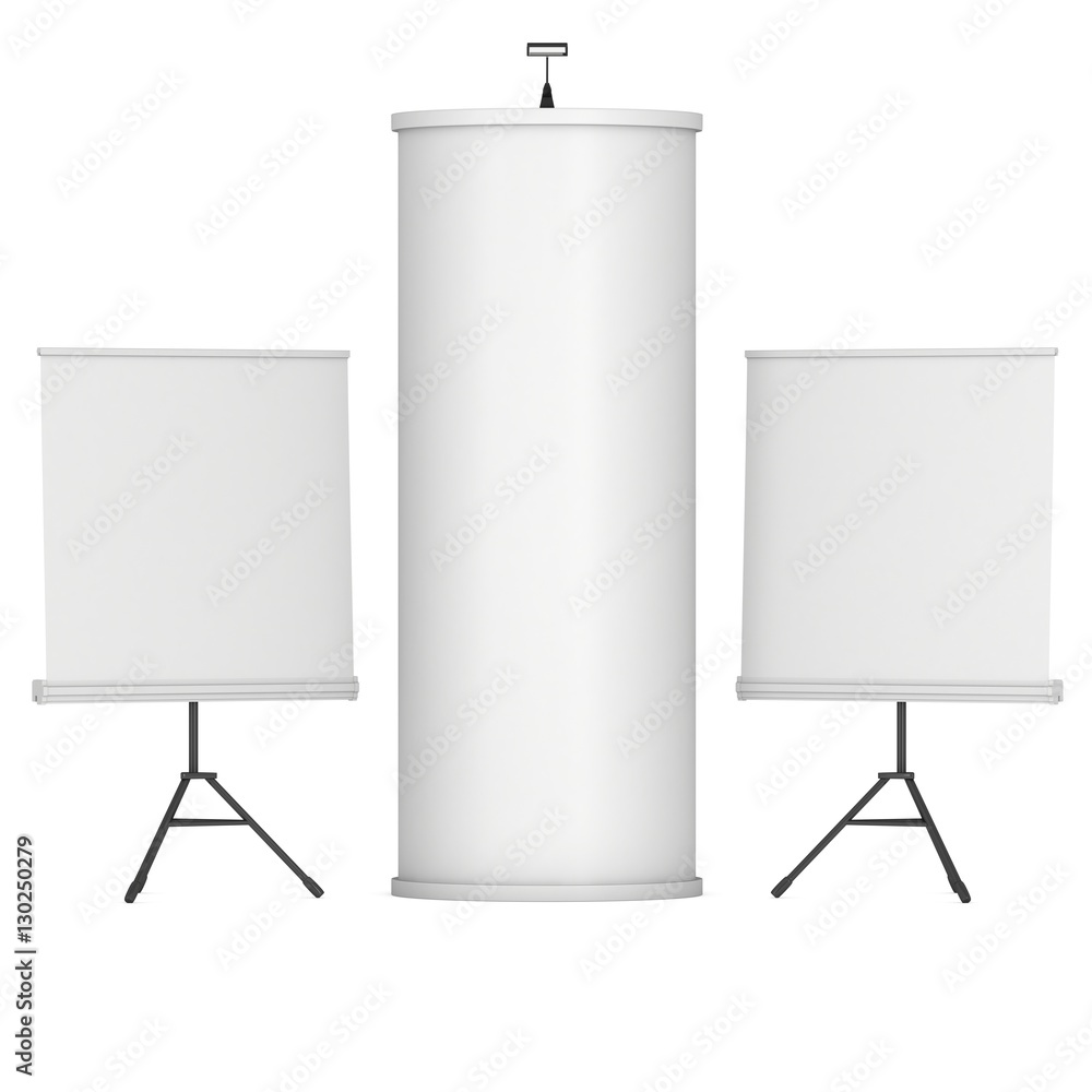 Roll Up and Pop Up Banner Stands and Column. Trade show booth white and blank. 3d render isolated on white background. High Resolution Template for your design. Roll Up and Pop Up Banner Stands and Column. Trade show booth white and blank. 3d render isolated on white background. High Resolution Template for your design.