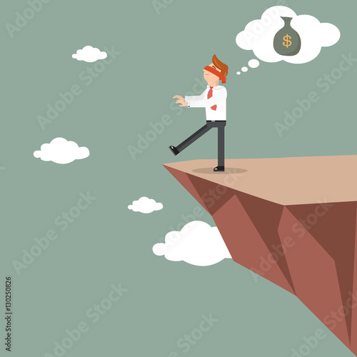 Blind business man on the cliff looking for money. The employee does not see where he was going.