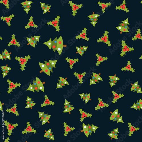 Xmas seamless pattern, tiling ornament. Vector illustration with holly and christmas tree on dark background