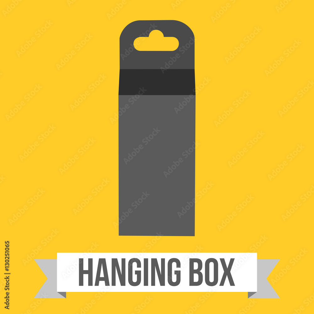 Black paper hanging box set. Packaging container with hanging hole. Mock up template. Vector illustration on yellow background. Black paper hanging box set. Packaging container with hanging hole. Mock up template. Vector illustration on yellow background.