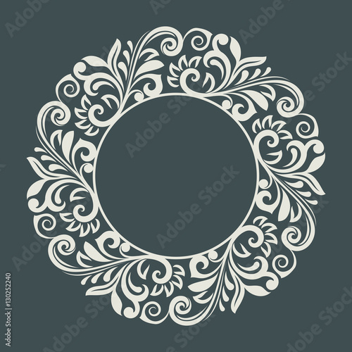 Abstract winter floral frame vector template. Blue and white round ornamental frame for Christmas card design.