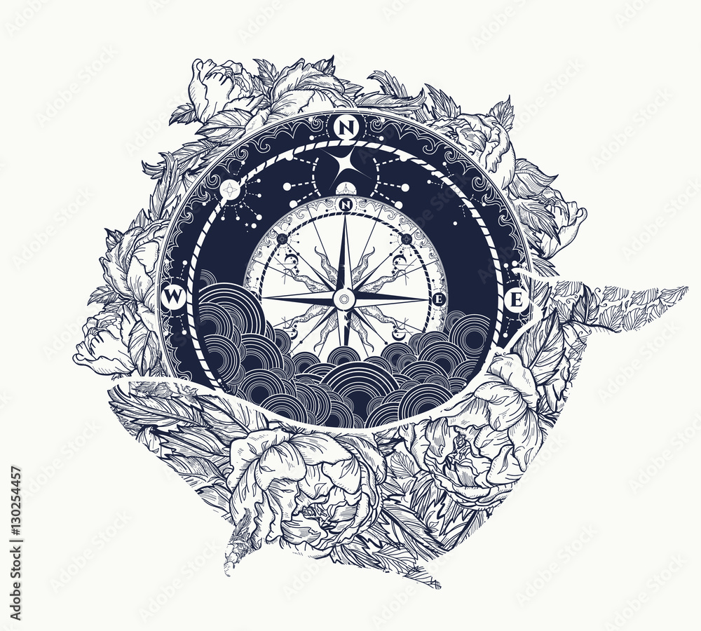 Fototapeta premium Antique compass and floral whale tattoo art