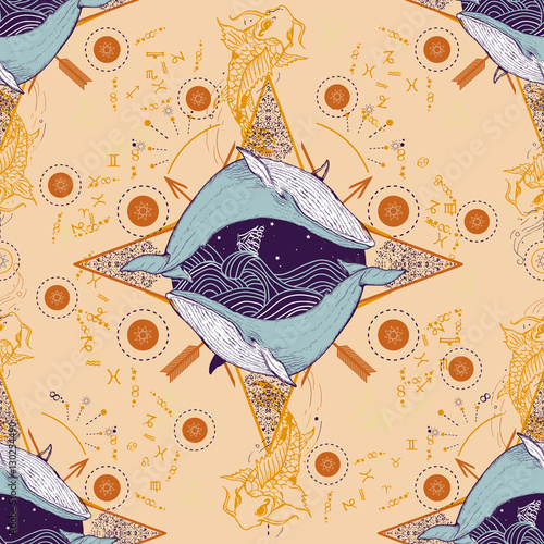 Medieval seamless pattern mystical whale and carp
