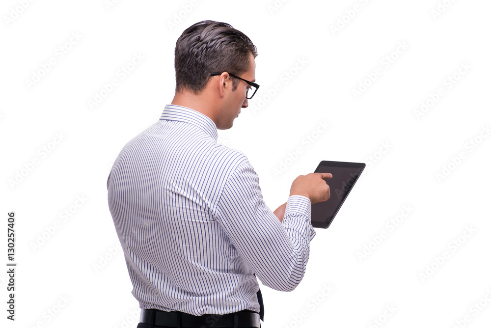 Handsome businessman working with tablet computer isolated on wh