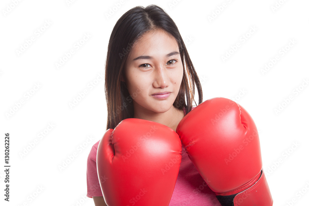 Young Asian woman with red boxing gloves. Young Asian woman with red boxing gloves.