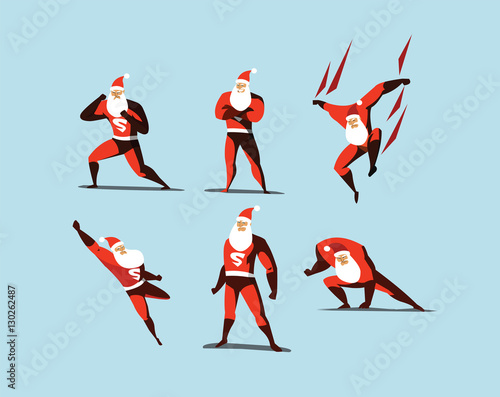 Vector illustration set of Superhero Santa Claus actions, different poses.