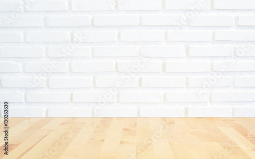 White brick wall background with perspective light wood, slightl