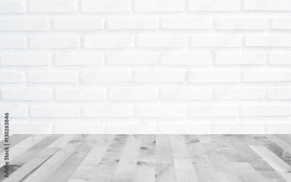 White brick wall background with perspective light wood, slightl White brick wall background with perspective light wood, slightl