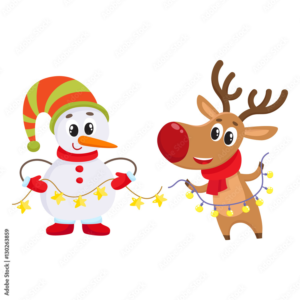 funny reindeer and snowman holding public electronic garlands with light  bulbs, cartoon vector illustration isolated on white background. Deer and  snowman, Christmas attributes, decoration elements Stock Vector | Adobe  Stock