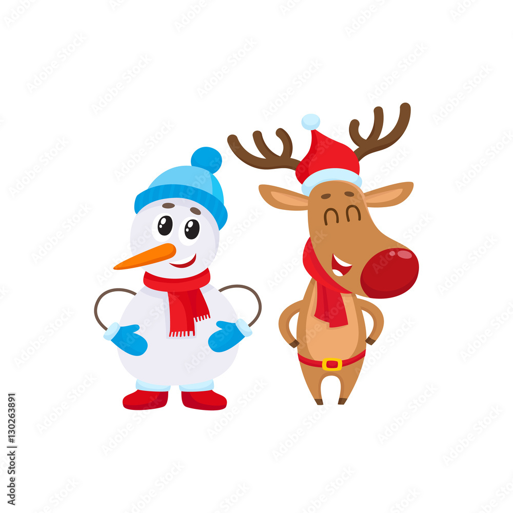 Snowman in hat and mittens and Christmas reindeer in red scarf standing together, cartoon vector illustration isolated on white background. Deer and snowman, Christmas attributes, decoration elements