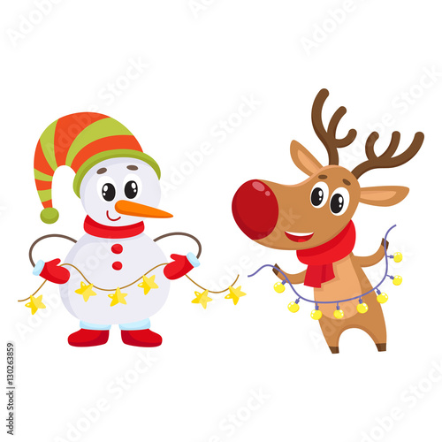 funny reindeer and snowman holding public electronic garlands with light bulbs, cartoon vector illustration isolated on white background. Deer and snowman, Christmas attributes, decoration elements