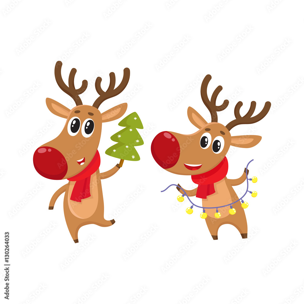 Fototapeta Dwa rogacza trzyma elektryczną girlandę z światłami i choinkę, kreskówki wektorowa ilustracja odizolowywająca na białym tle. Boże Narodzenie z czerwonym nosem, element dekoracji świątecznej