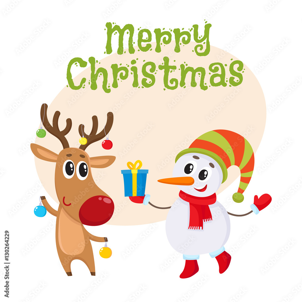 Merry Christmas greeting card template with funny deer holds Christmas toys and snowman gift box, cartoon vector illustration isolated. Christmas poster, banner, postcard, greeting card design Merry Christmas greeting card template with funny deer holds Christmas toys and snowman gift box, cartoon vector illustration isolated. Christmas poster, banner, postcard, greeting card design