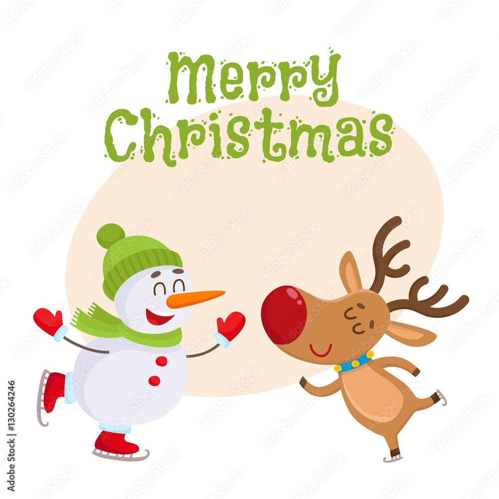 Merry Christmas greeting card template with funny reindeer and snowman skating, cartoon vector illustration isolated on white background. Christmas poster, banner, postcard, greeting card design Merry Christmas greeting card template with funny reindeer and snowman skating, cartoon vector illustration isolated on white background. Christmas poster, banner, postcard, greeting card design