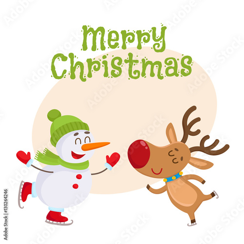 Merry Christmas greeting card template with funny reindeer and snowman skating  cartoon vector illustration isolated on white background. Christmas poster  banner  postcard  greeting card design