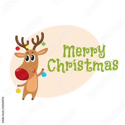 Merry Christmas greeting card template with Funny reindeer holding balls for Christmas tree decoration  cartoon vector illustration. poster  banner  postcard  greeting card design with deer