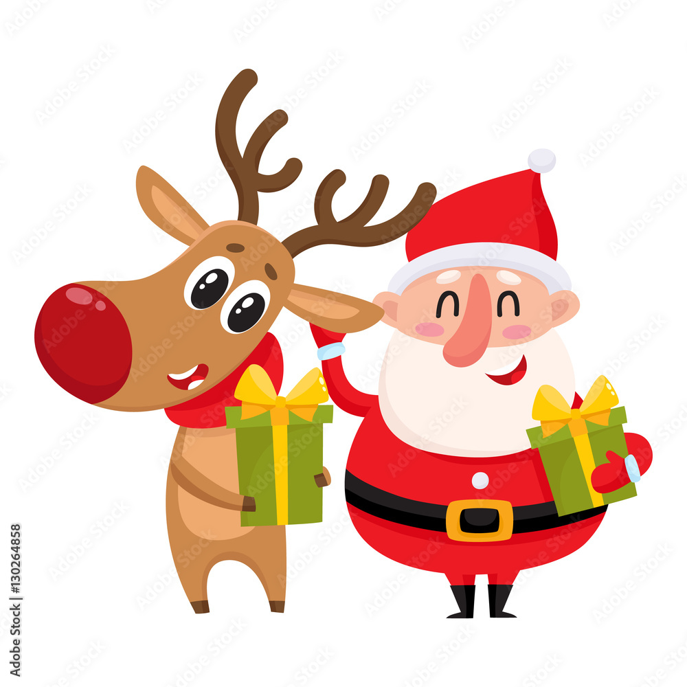Funny Santa Claus and reindeer holding Christmas gifts, presents, cartoon  vector illustration isolated on white background. Santa Claus and deer with  Christmas gifts, holiday decoration element Stock Vector | Adobe Stock