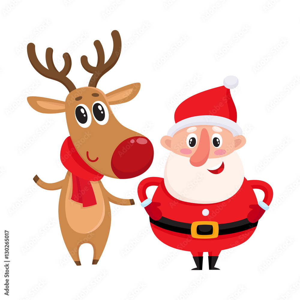 Funny Santa Claus and reindeer in red scarf standing together, cartoon ...