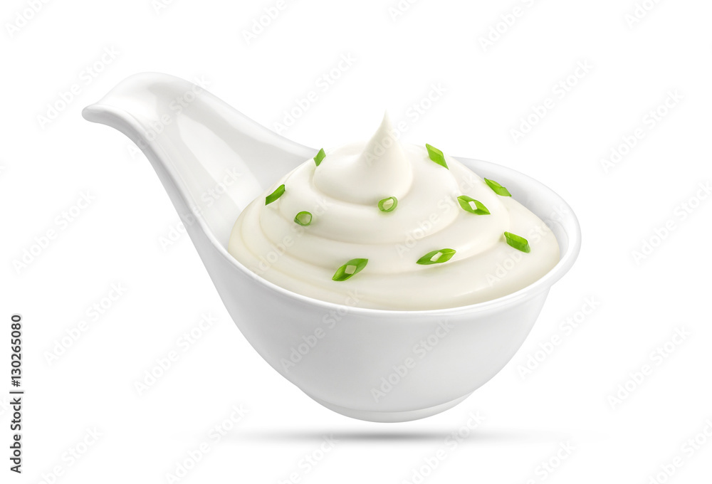 Bowl of sour cream and onion isolated on white Bowl of sour cream and onion isolated on white