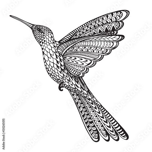 Hand drawn abstract flying colibri in ornate doodle style