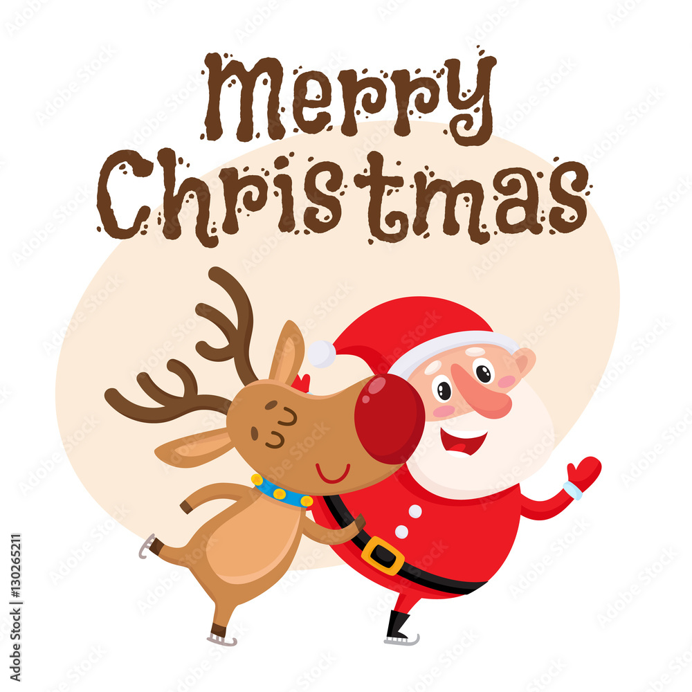Merry Christmas greeting card template with Santa and reindeer skate and have fun, cartoon vector illustration isolated. Christmas poster, banner, postcard, greeting card design with a deer