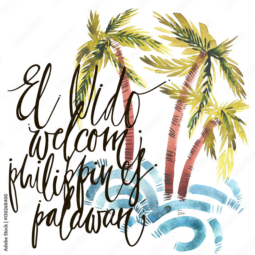 Vintage watercolor summer welcom philippines print with typography design, palm trees and lettering. Tropical set, fashion , T-shirt .