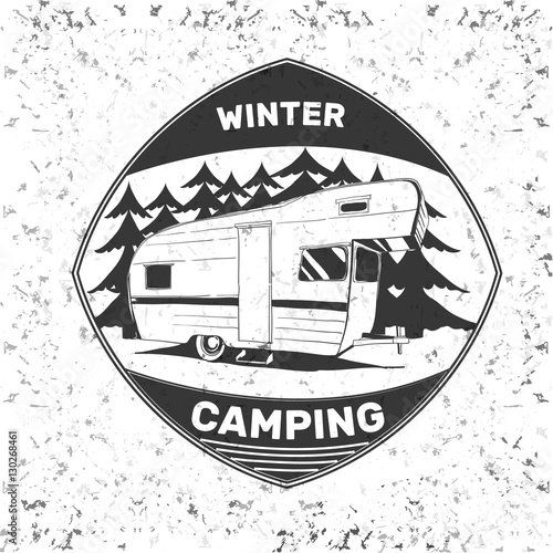 vintage camping and outdoor adventure emblems, logos and badges. Camping equipment. Camp trailer in the forest.
