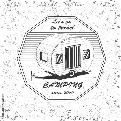 vintage camping and outdoor adventure emblems, logos and badges. Camping equipment. Camp trailer in the forest.