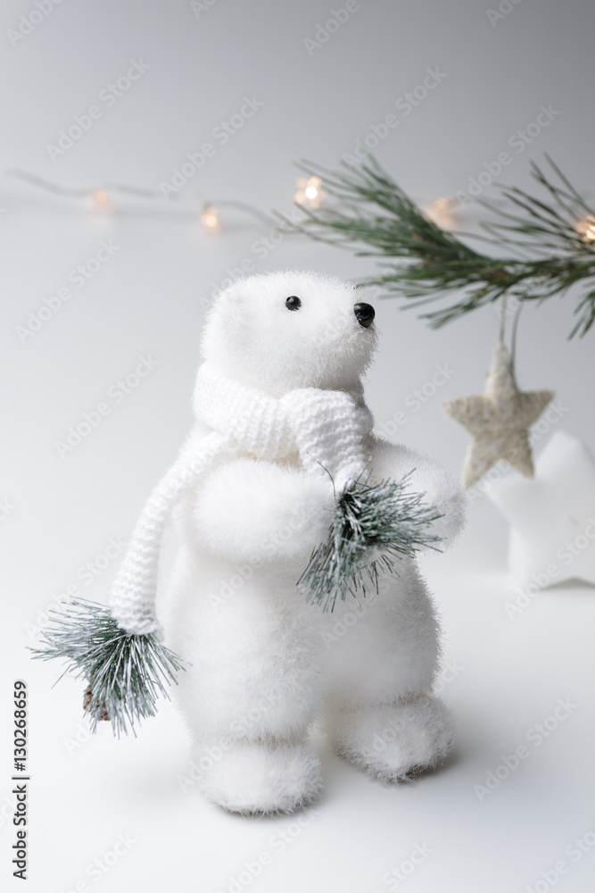 Obraz premium Polar bear winter, christmas decorations on white background