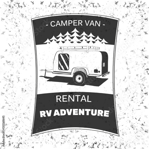 vintage camping and outdoor adventure emblems, logos and badges. Camping equipment. Camp trailer in the forest.