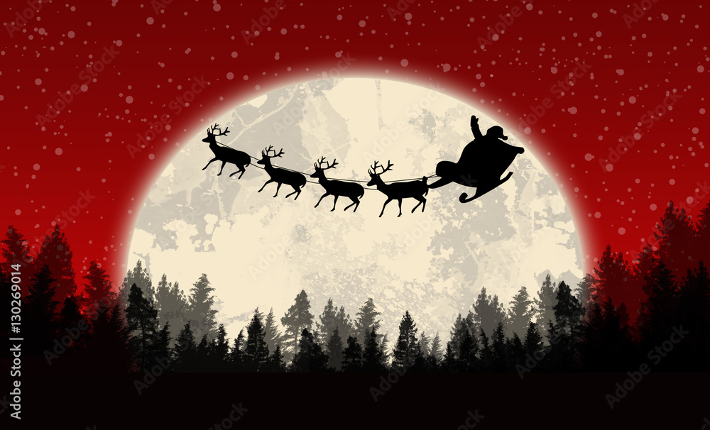 Santa's sleigh in front of full moon on beautiful red night, vector illustration