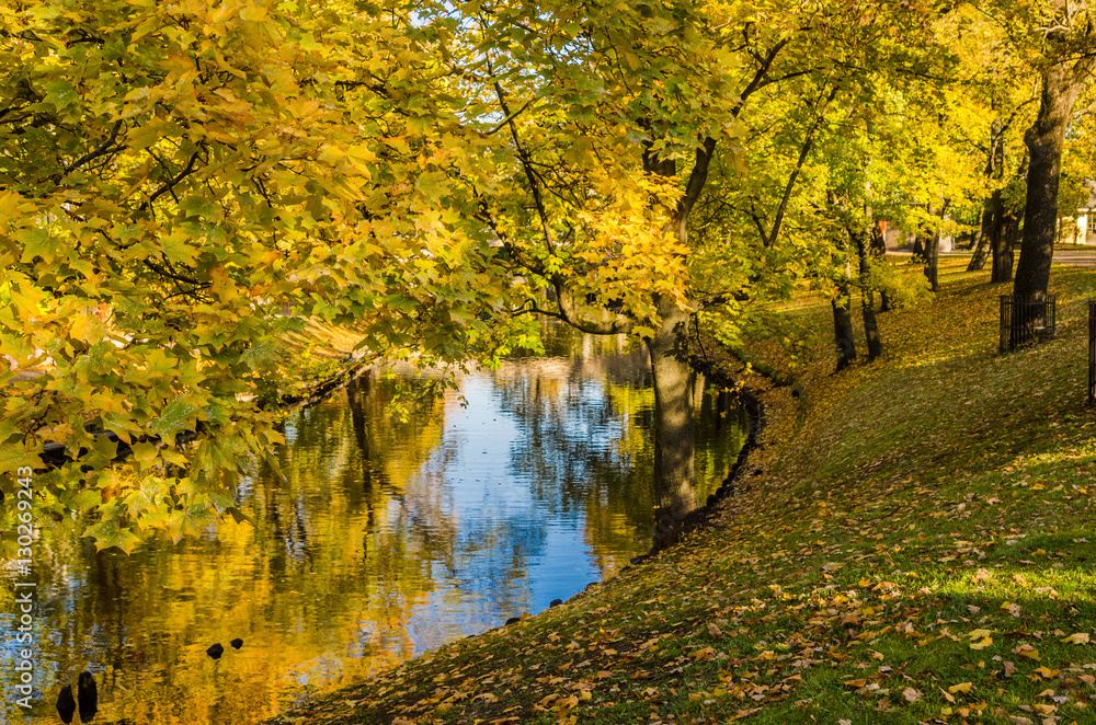 Autumn park at the channel in Riga