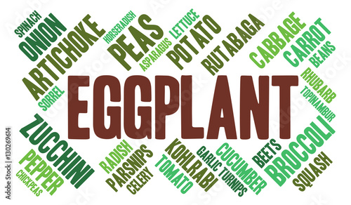 Eggplant. Word cloud, green font, white background. Vegetables.