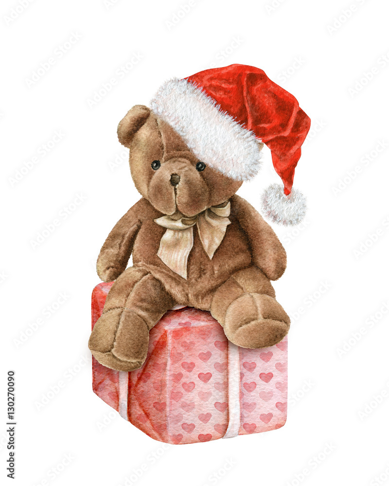 Obraz premium Cute Watercolor Teddy Bear in christmas hat 