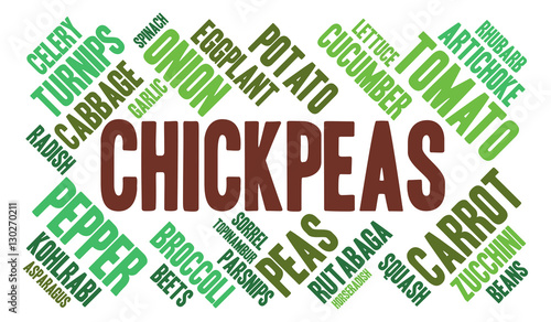 Chickpeas. Word cloud, green font, white background. Vegetables.