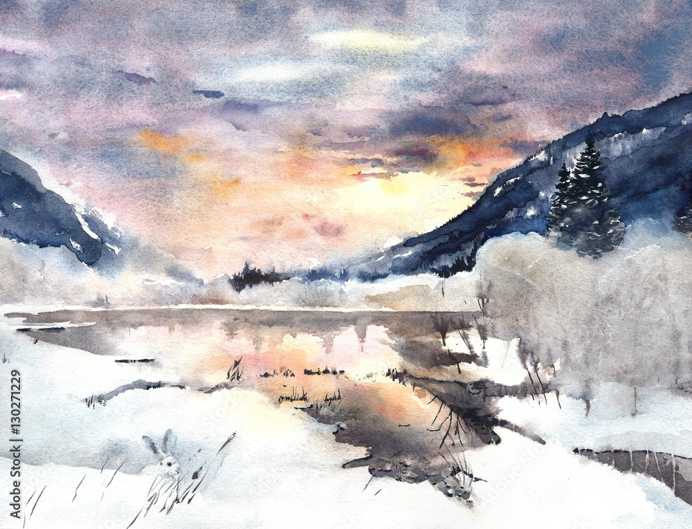 Winter landscape mountains lake snow watercolor painting Stock Illustration  | Adobe Stock