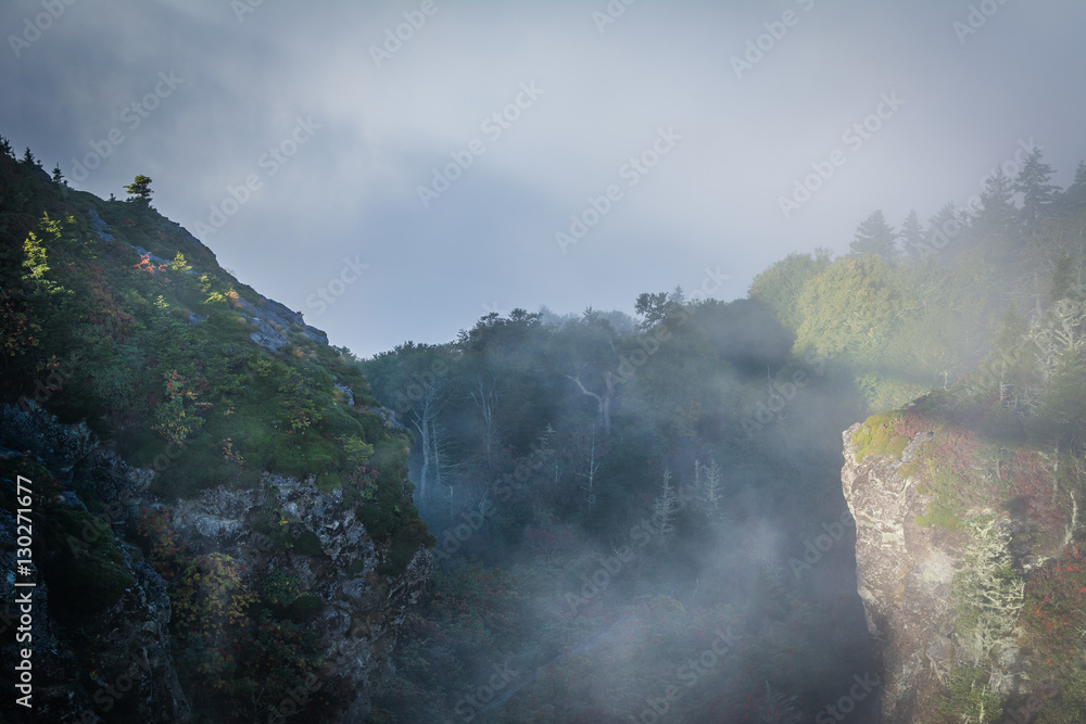 The Mile High Swinging Bridge in fog, at Grandfather Mountain, N