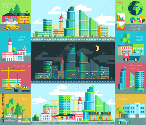 Vector illustration of city life, urban landscape with the environment