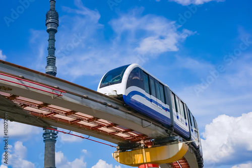 Moscow cityscape. TV tower, monorail train, Russia