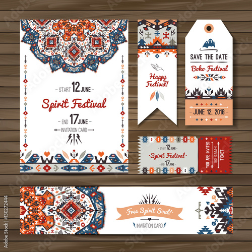 Collection of banners, flyers or invitations with geometric elements. Flyer design in bohemian style