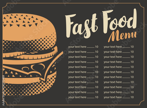 price list menu for the restaurant fast food with burger on a black background in retro style