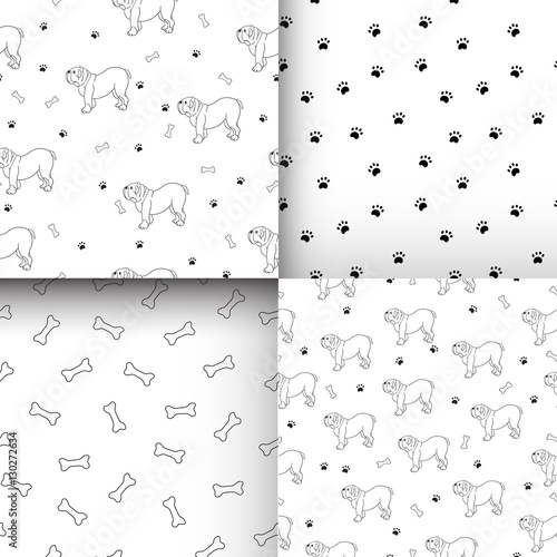Awesome set of seamless patterns with cute dogs. Breed bulldog.