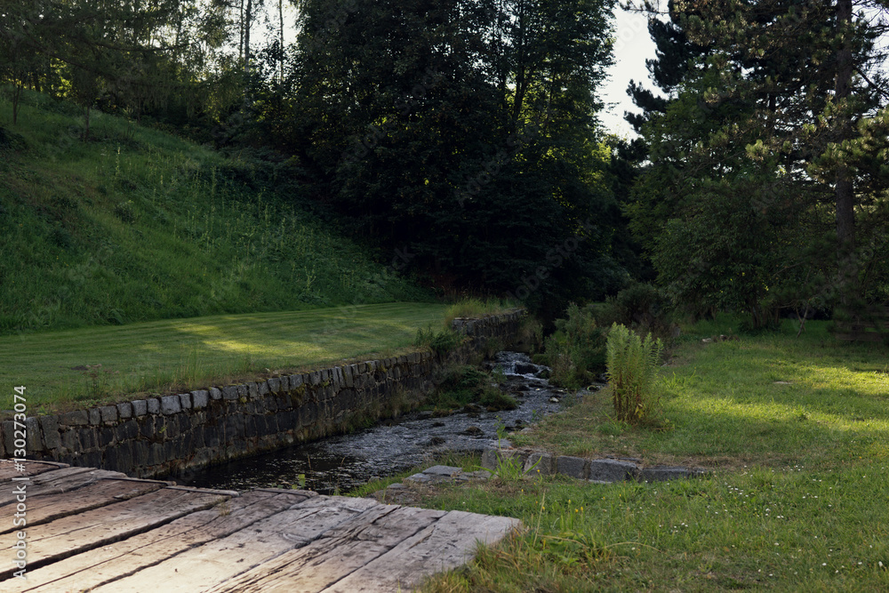 Fototapeta premium Water stream in the small village in nature. Czech Republic