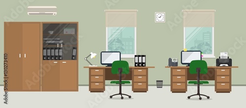 Office room in a green color. There are tables, two chairs, cases for documents, a conditioner and other objects in the picture. Vector flat illustration