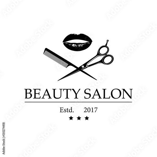 Logo for beauty salon with woman's lips, scissors and comb. Vector Illustration